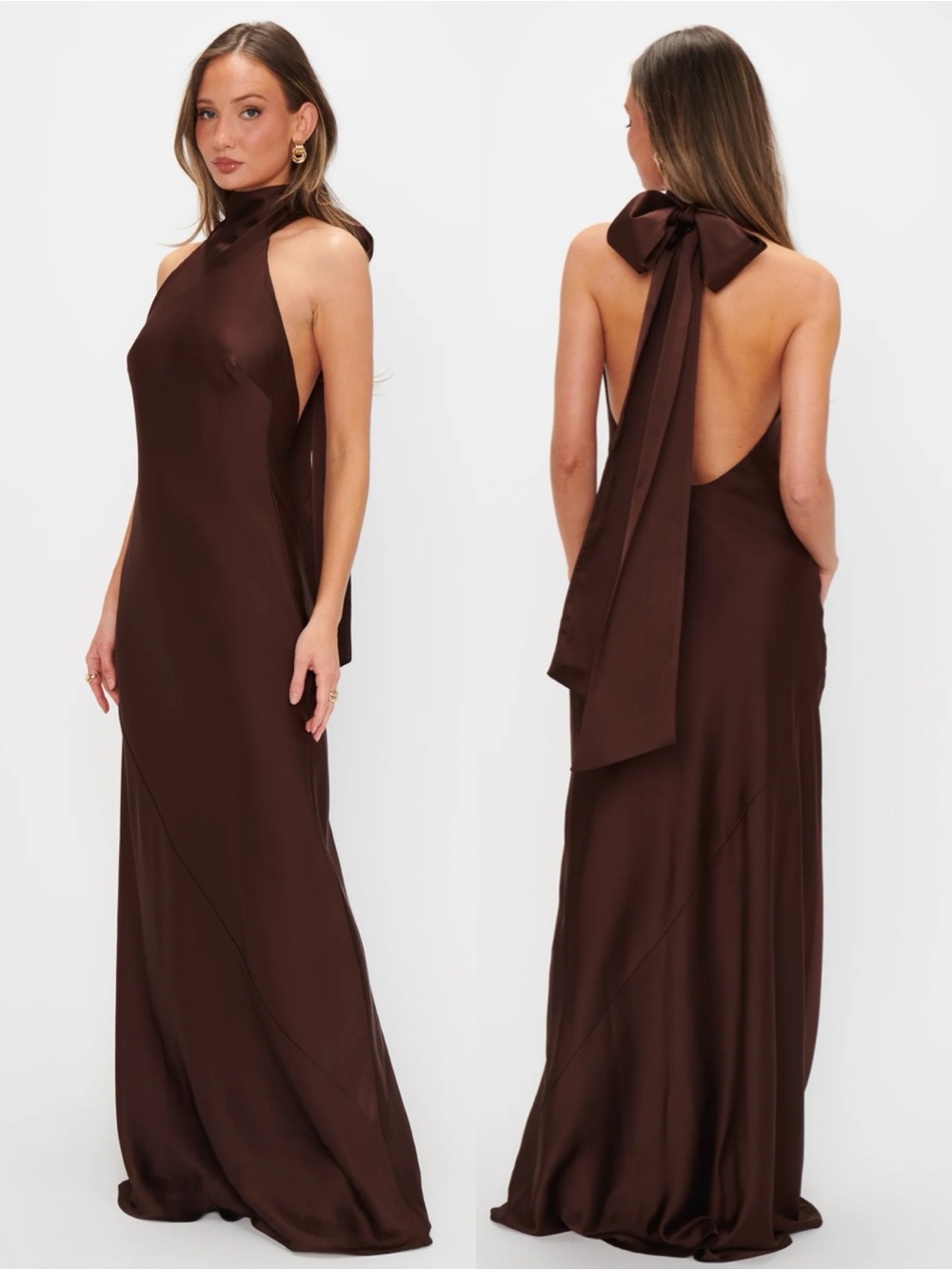Show Me Your Mumu Lisa Maxi Dress in Chocolate Luxe Satin, Small